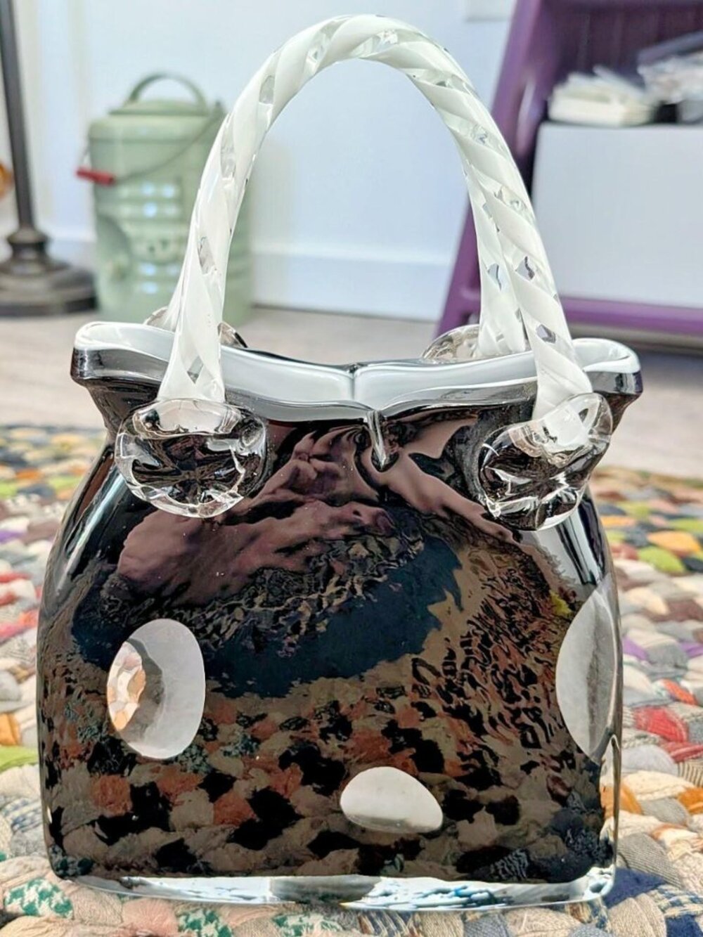 Murano Glass Black & white polka dot purse vase with bow detail #polkadot #glass